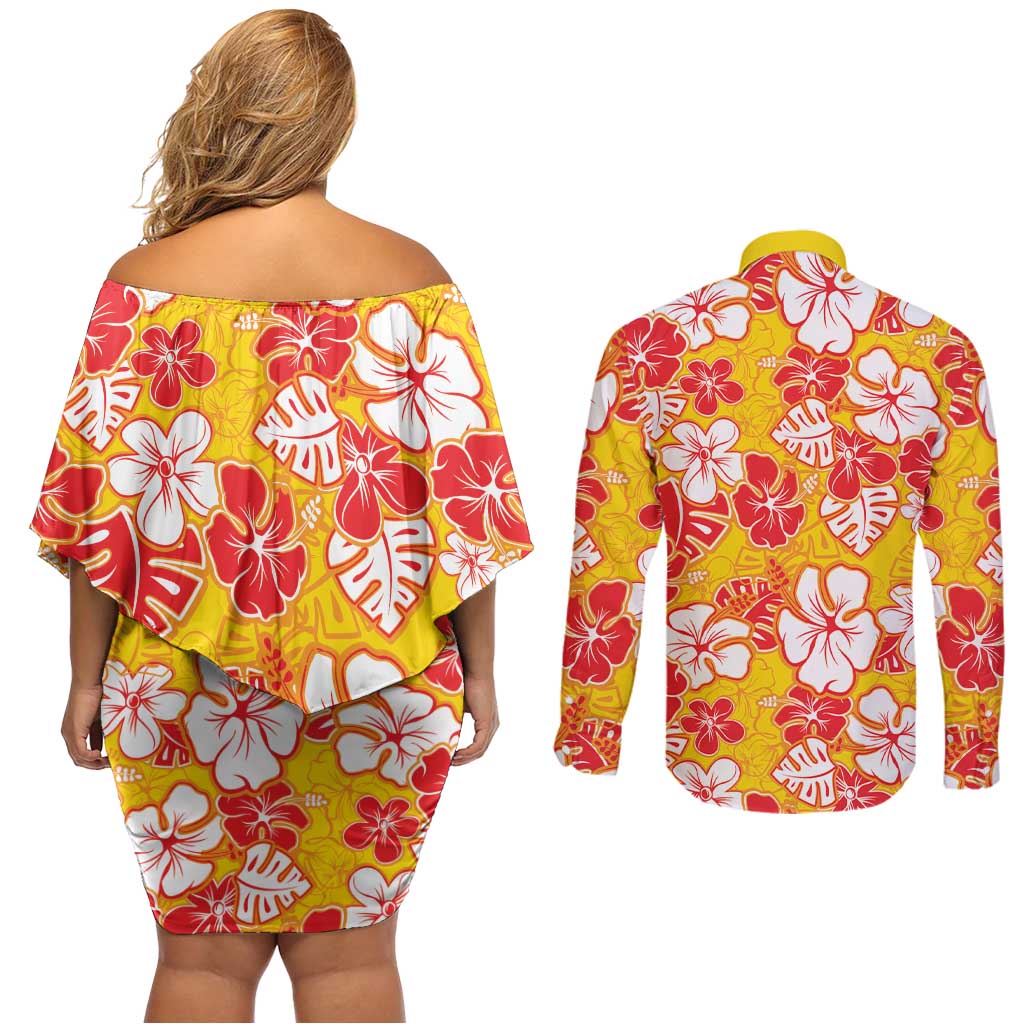 Yellow Hawaii Hibiscus Couples Matching Off Shoulder Short Dress and Long Sleeve Button Shirt Tropical Flowers Seamless Pattern - Polynesian Pride