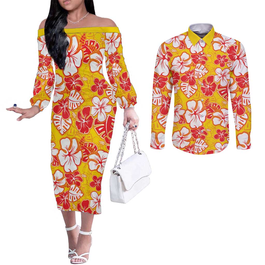 Yellow Hawaii Hibiscus Couples Matching Off The Shoulder Long Sleeve Dress and Long Sleeve Button Shirt Tropical Flowers Seamless Pattern - Polynesian Pride
