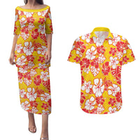 Yellow Hawaii Hibiscus Couples Matching Puletasi and Hawaiian Shirt Tropical Flowers Seamless Pattern - Polynesian Pride