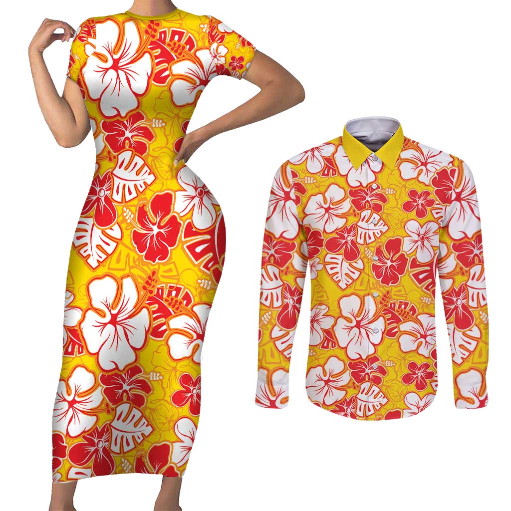 Yellow Hawaii Hibiscus Couples Matching Short Sleeve Bodycon Dress and Long Sleeve Button Shirt Tropical Flowers Seamless Pattern - Polynesian Pride