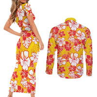Yellow Hawaii Hibiscus Couples Matching Short Sleeve Bodycon Dress and Long Sleeve Button Shirt Tropical Flowers Seamless Pattern - Polynesian Pride