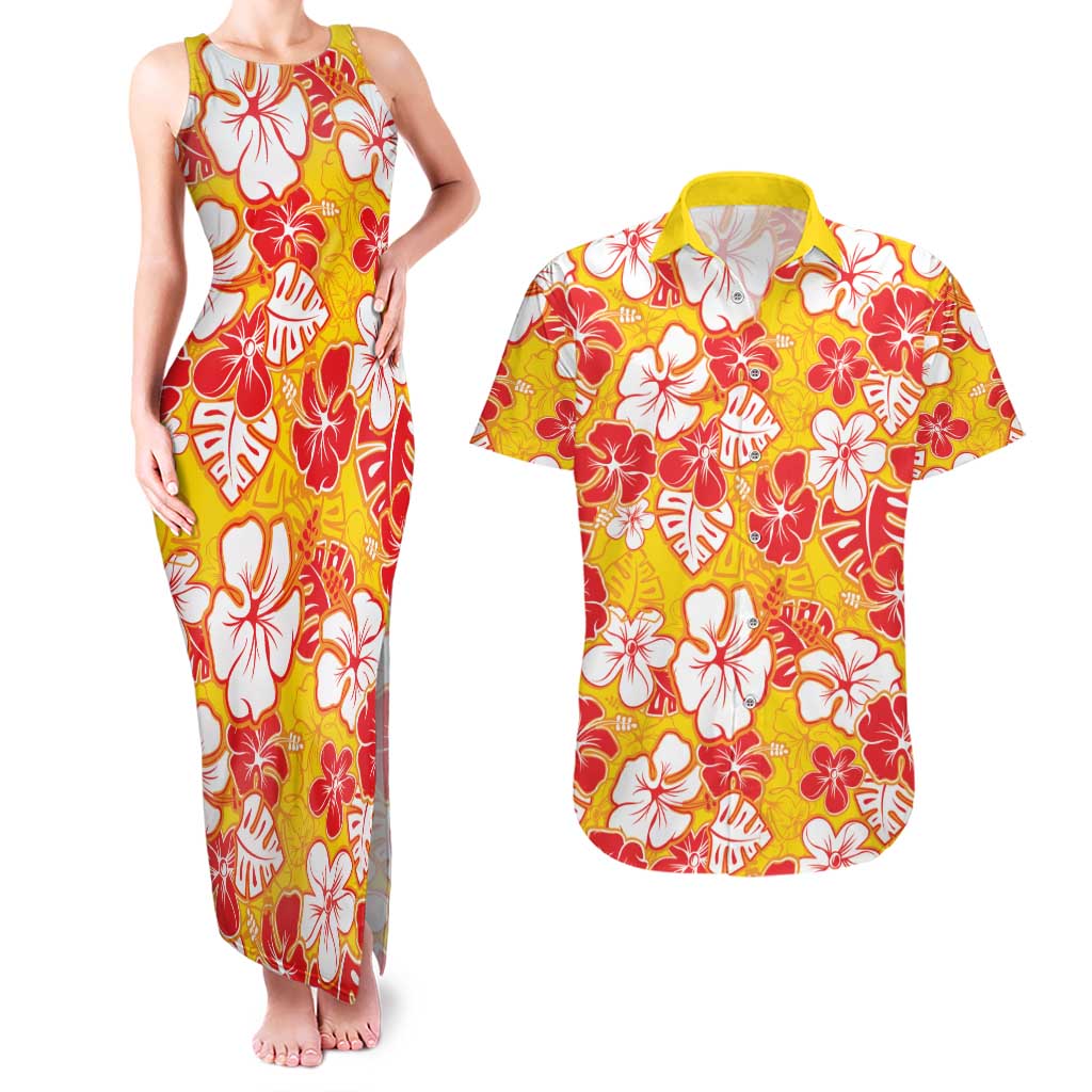 Yellow Hawaii Hibiscus Couples Matching Tank Maxi Dress and Hawaiian Shirt Tropical Flowers Seamless Pattern - Polynesian Pride