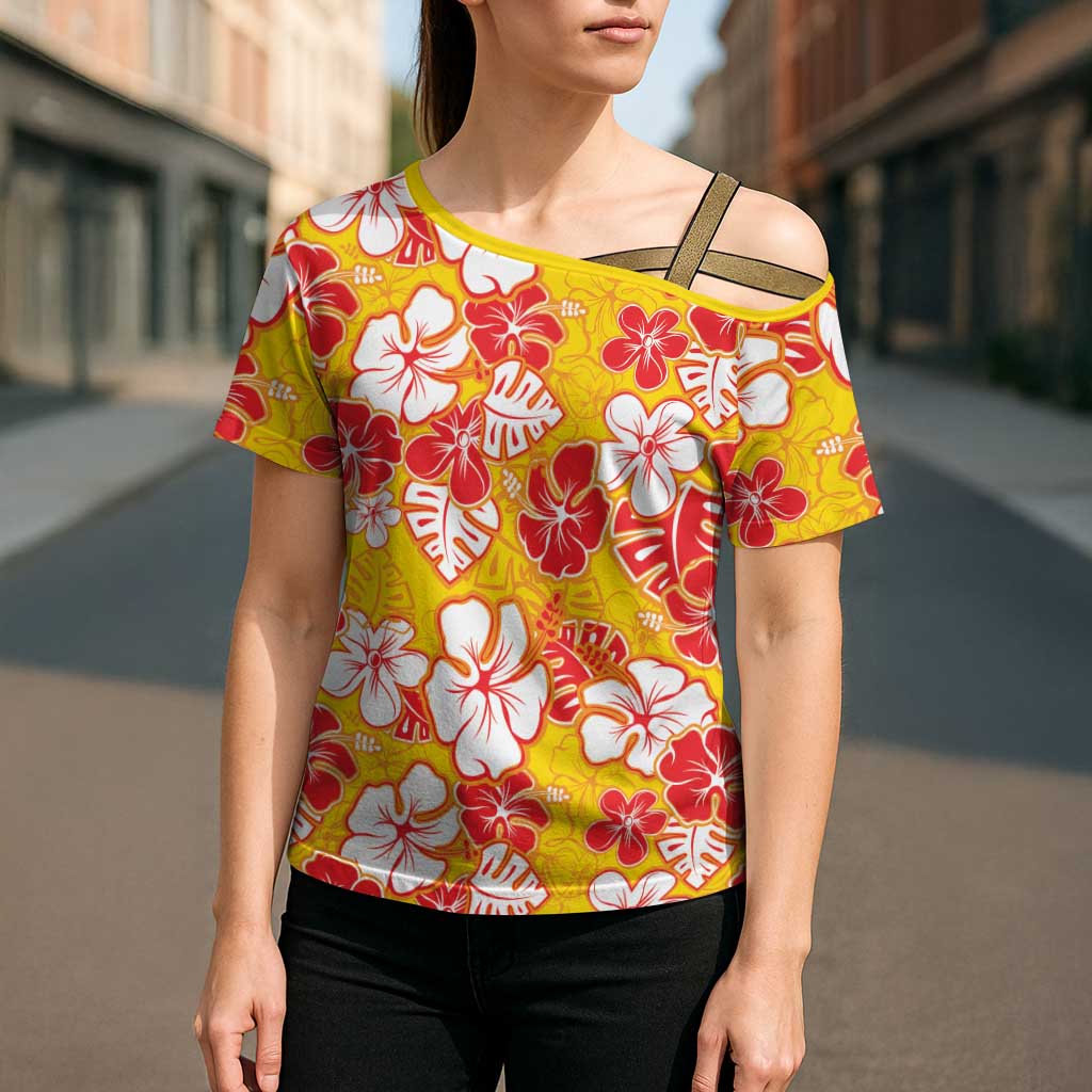 Yellow Hawaii Hibiscus Cross Shoulder Shirt Tropical Flowers Seamless Pattern - Polynesian Pride