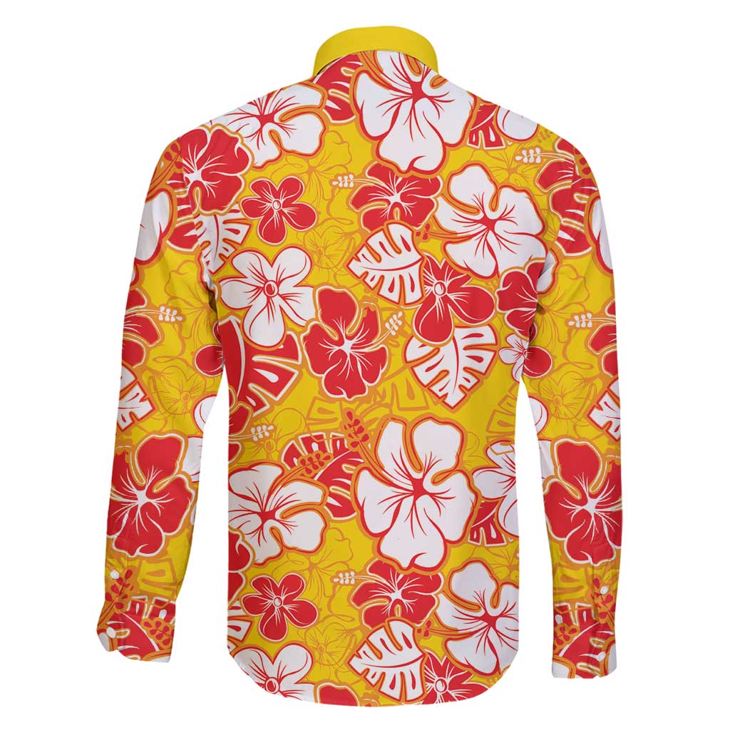 Yellow Hawaii Hibiscus Family Matching Long Sleeve Bodycon Dress and Hawaiian Shirt Tropical Flowers Seamless Pattern - Polynesian Pride
