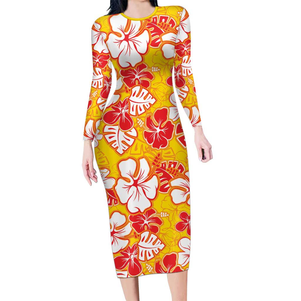 Yellow Hawaii Hibiscus Family Matching Long Sleeve Bodycon Dress and Hawaiian Shirt Tropical Flowers Seamless Pattern - Polynesian Pride