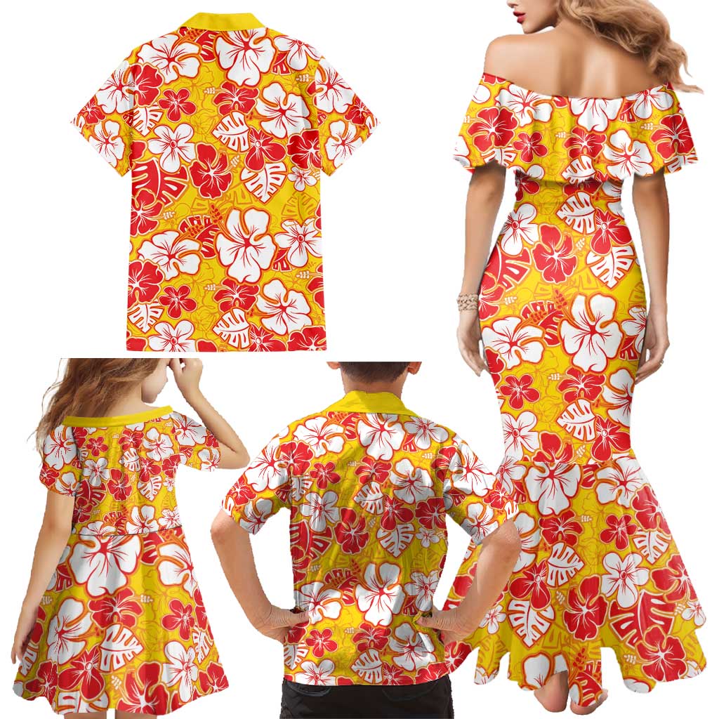 Yellow Hawaii Hibiscus Family Matching Mermaid Dress and Hawaiian Shirt Tropical Flowers Seamless Pattern - Polynesian Pride