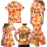 Yellow Hawaii Hibiscus Family Matching Mermaid Dress and Hawaiian Shirt Tropical Flowers Seamless Pattern - Polynesian Pride