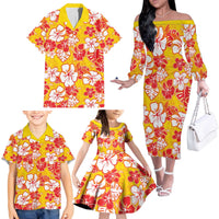 Yellow Hawaii Hibiscus Family Matching Off The Shoulder Long Sleeve Dress and Hawaiian Shirt Tropical Flowers Seamless Pattern - Polynesian Pride