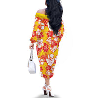 Yellow Hawaii Hibiscus Family Matching Off The Shoulder Long Sleeve Dress and Hawaiian Shirt Tropical Flowers Seamless Pattern - Polynesian Pride