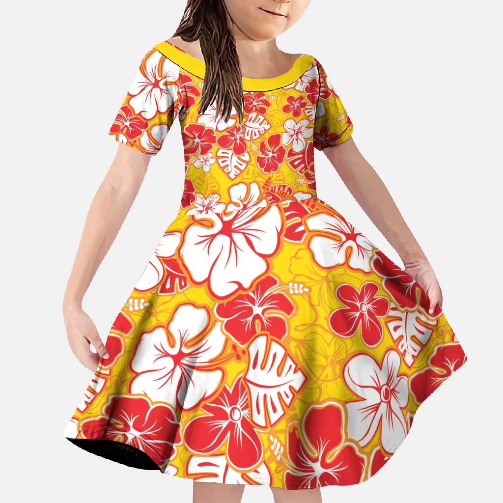 Yellow Hawaii Hibiscus Family Matching Off Shoulder Maxi Dress and Hawaiian Shirt Tropical Flowers Seamless Pattern - Polynesian Pride