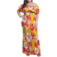 Yellow Hawaii Hibiscus Family Matching Off Shoulder Maxi Dress and Hawaiian Shirt Tropical Flowers Seamless Pattern - Polynesian Pride