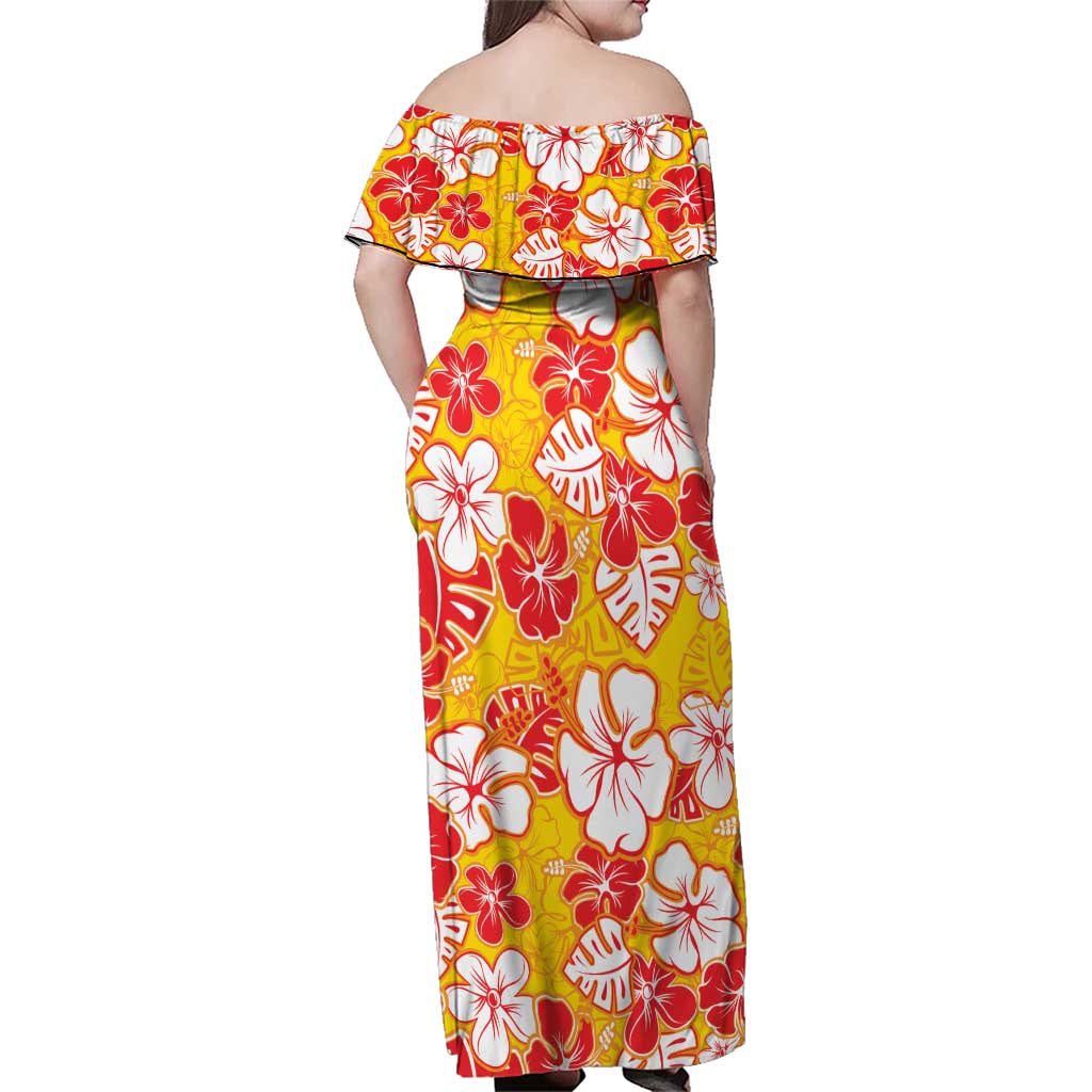 Yellow Hawaii Hibiscus Family Matching Off Shoulder Maxi Dress and Hawaiian Shirt Tropical Flowers Seamless Pattern - Polynesian Pride