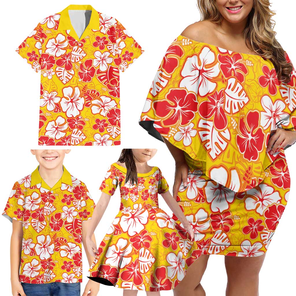 Yellow Hawaii Hibiscus Family Matching Off Shoulder Short Dress and Hawaiian Shirt Tropical Flowers Seamless Pattern - Polynesian Pride