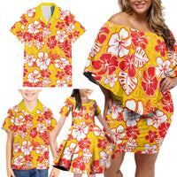 Yellow Hawaii Hibiscus Family Matching Off Shoulder Short Dress and Hawaiian Shirt Tropical Flowers Seamless Pattern - Polynesian Pride