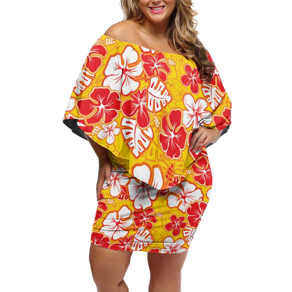 Yellow Hawaii Hibiscus Family Matching Off Shoulder Short Dress and Hawaiian Shirt Tropical Flowers Seamless Pattern - Polynesian Pride