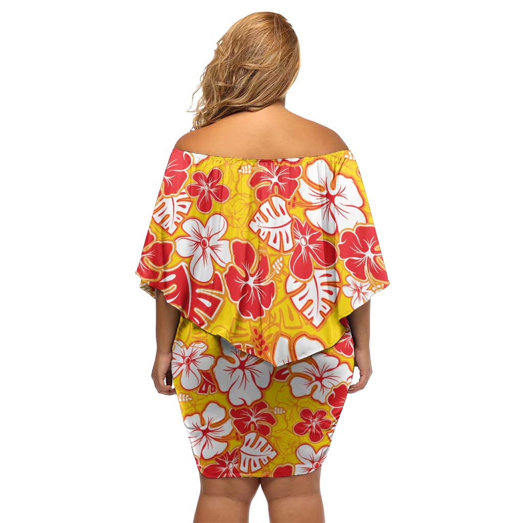 Yellow Hawaii Hibiscus Family Matching Off Shoulder Short Dress and Hawaiian Shirt Tropical Flowers Seamless Pattern - Polynesian Pride