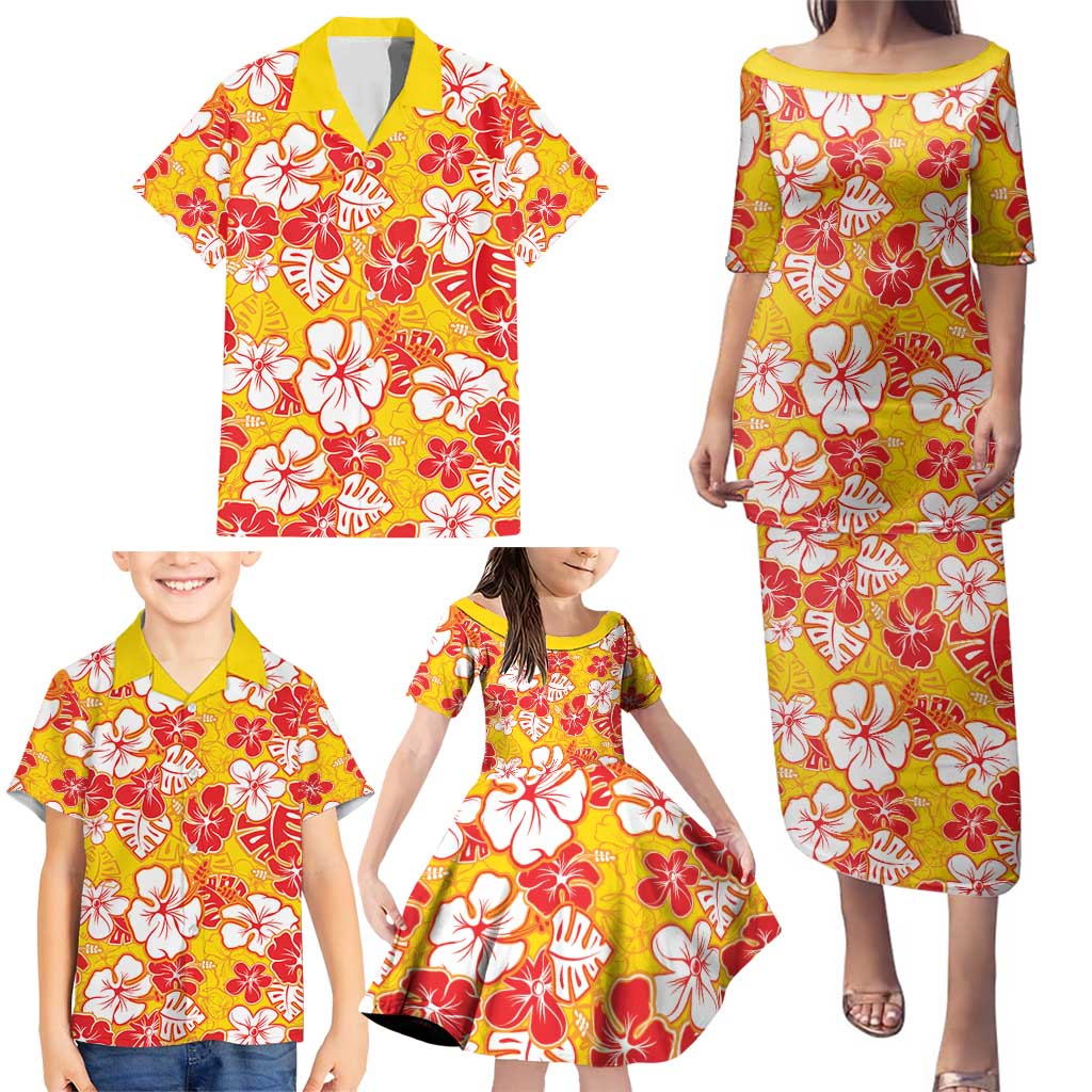 Yellow Hawaii Hibiscus Family Matching Puletasi and Hawaiian Shirt Tropical Flowers Seamless Pattern - Polynesian Pride