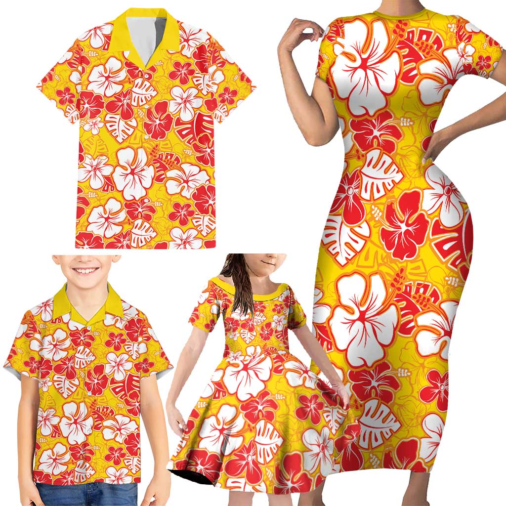 Yellow Hawaii Hibiscus Family Matching Short Sleeve Bodycon Dress and Hawaiian Shirt Tropical Flowers Seamless Pattern - Polynesian Pride