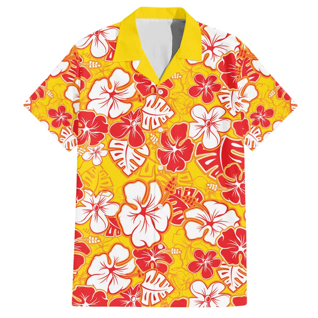 Yellow Hawaii Hibiscus Family Matching Short Sleeve Bodycon Dress and Hawaiian Shirt Tropical Flowers Seamless Pattern - Polynesian Pride