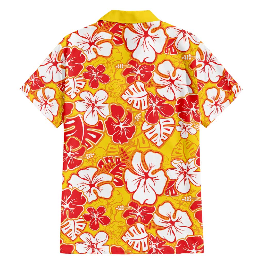 Yellow Hawaii Hibiscus Family Matching Short Sleeve Bodycon Dress and Hawaiian Shirt Tropical Flowers Seamless Pattern - Polynesian Pride