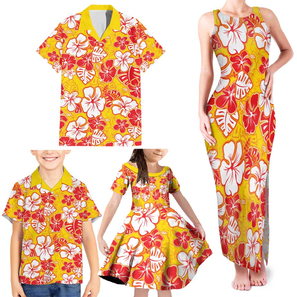 Yellow Hawaii Hibiscus Family Matching Tank Maxi Dress and Hawaiian Shirt Tropical Flowers Seamless Pattern - Polynesian Pride