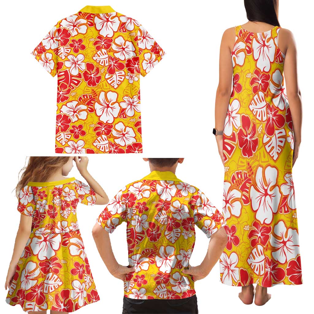 Yellow Hawaii Hibiscus Family Matching Tank Maxi Dress and Hawaiian Shirt Tropical Flowers Seamless Pattern - Polynesian Pride