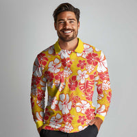 Yellow Hawaii Hibiscus Long Sleeve Polo Shirt Tropical Flowers Seamless Pattern - Polynesian Pride