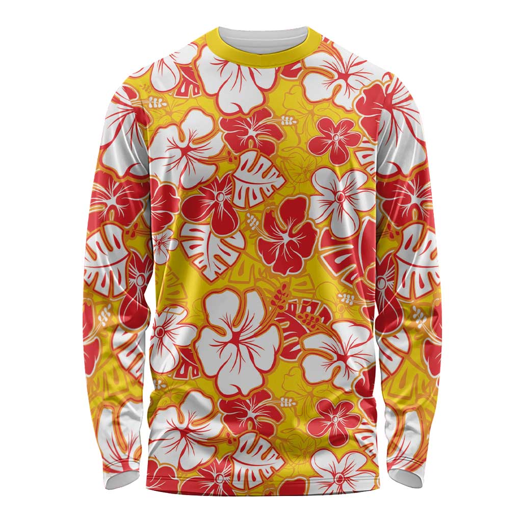 Yellow Hawaii Hibiscus Long Sleeve Shirt Tropical Flowers Seamless Pattern - Polynesian Pride