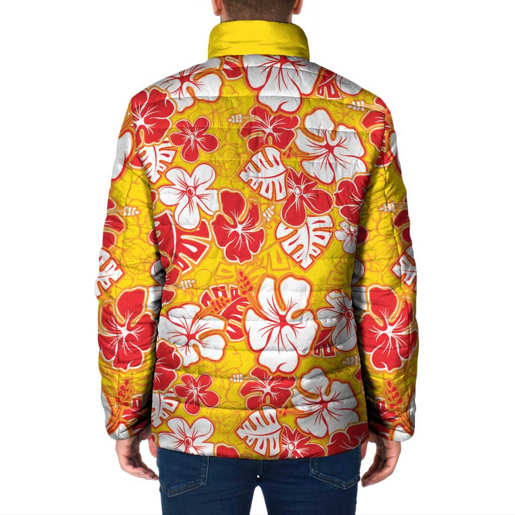 Yellow Hawaii Hibiscus Padded Jacket Tropical Flowers Seamless Pattern - Polynesian Pride