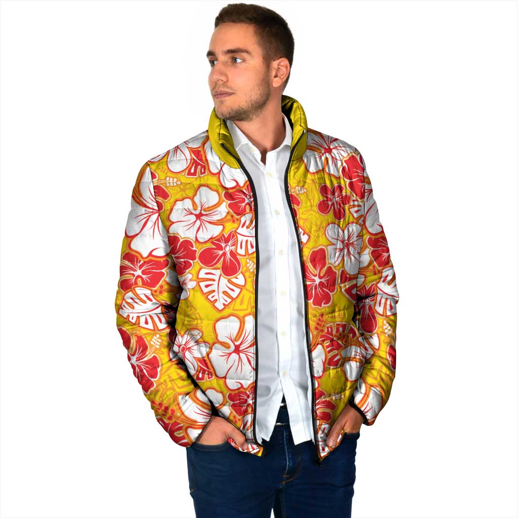 Yellow Hawaii Hibiscus Padded Jacket Tropical Flowers Seamless Pattern - Polynesian Pride