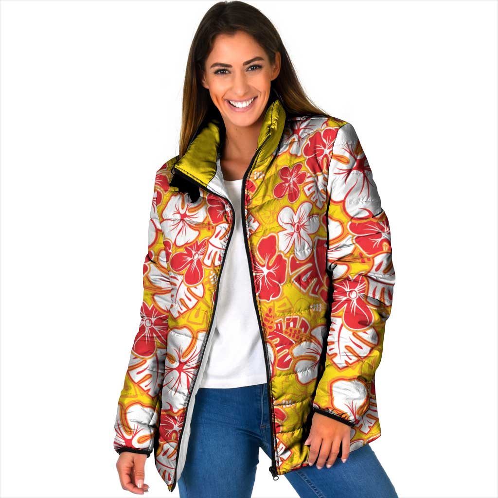 Yellow Hawaii Hibiscus Padded Jacket Tropical Flowers Seamless Pattern - Polynesian Pride