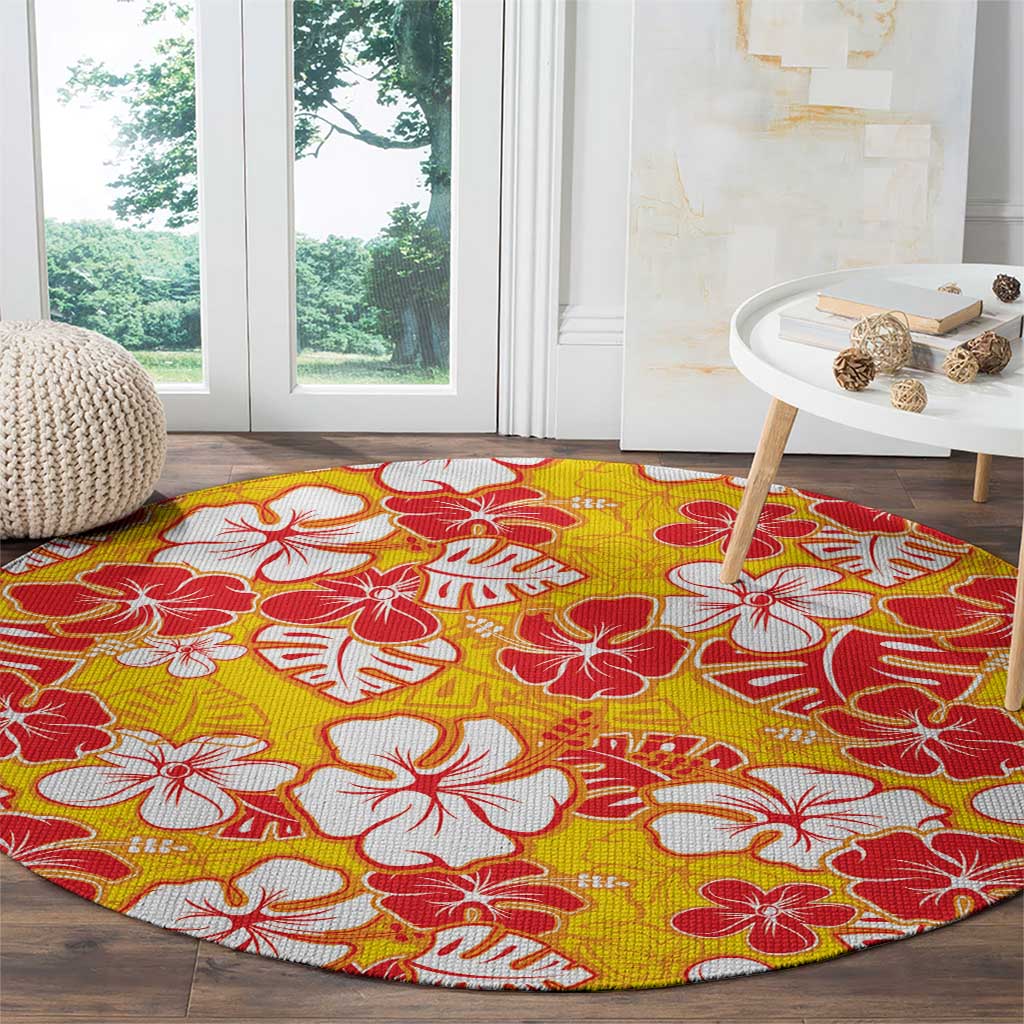 Yellow Hawaii Hibiscus Round Carpet Tropical Flowers Seamless Pattern - Polynesian Pride