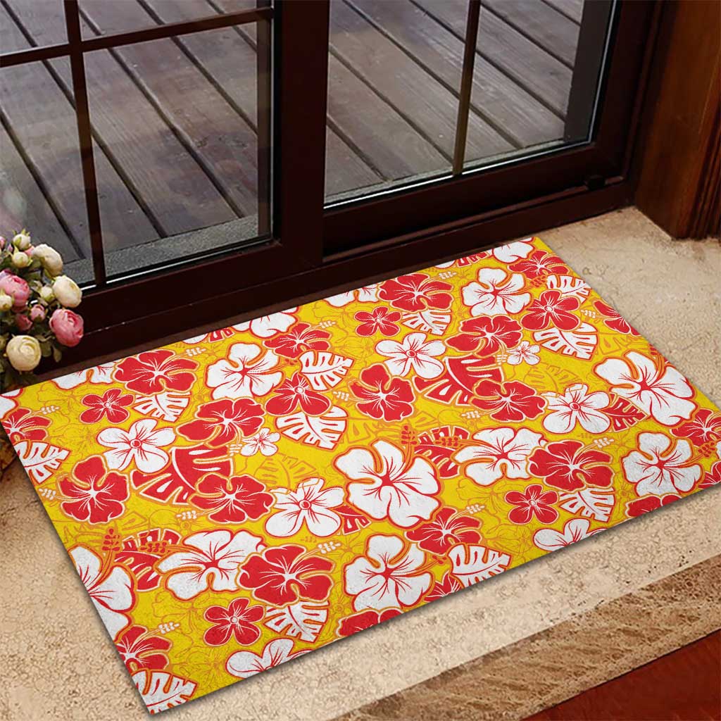 Yellow Hawaii Hibiscus Rubber Doormat Tropical Flowers Seamless Pattern - Polynesian Pride