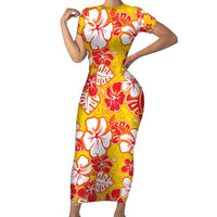 Yellow Hawaii Hibiscus Short Sleeve Bodycon Dress Tropical Flowers Seamless Pattern - Polynesian Pride