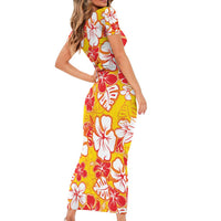 Yellow Hawaii Hibiscus Short Sleeve Bodycon Dress Tropical Flowers Seamless Pattern - Polynesian Pride
