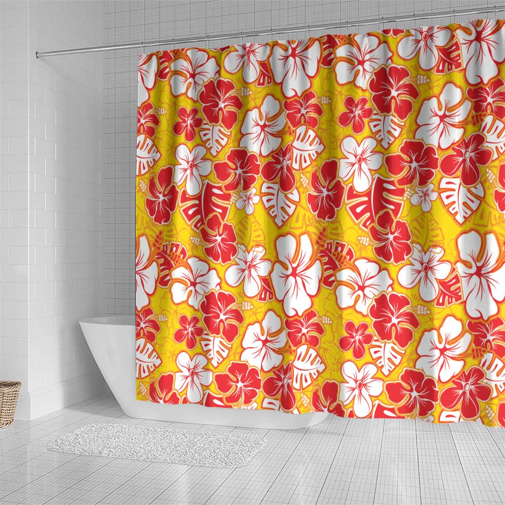 Yellow Hawaii Hibiscus Shower Curtain Tropical Flowers Seamless Pattern - Polynesian Pride