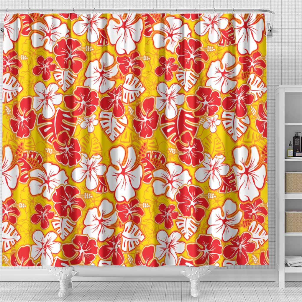 Yellow Hawaii Hibiscus Shower Curtain Tropical Flowers Seamless Pattern - Polynesian Pride
