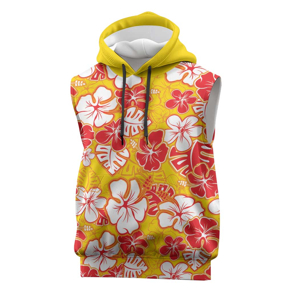Yellow Hawaii Hibiscus Sleeveless Hoodie Tropical Flowers Seamless Pattern - Polynesian Pride