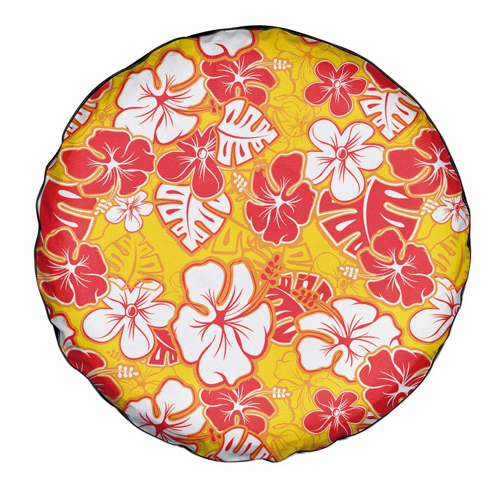 Yellow Hawaii Hibiscus Spare Tire Cover Tropical Flowers Seamless Pattern - Polynesian Pride