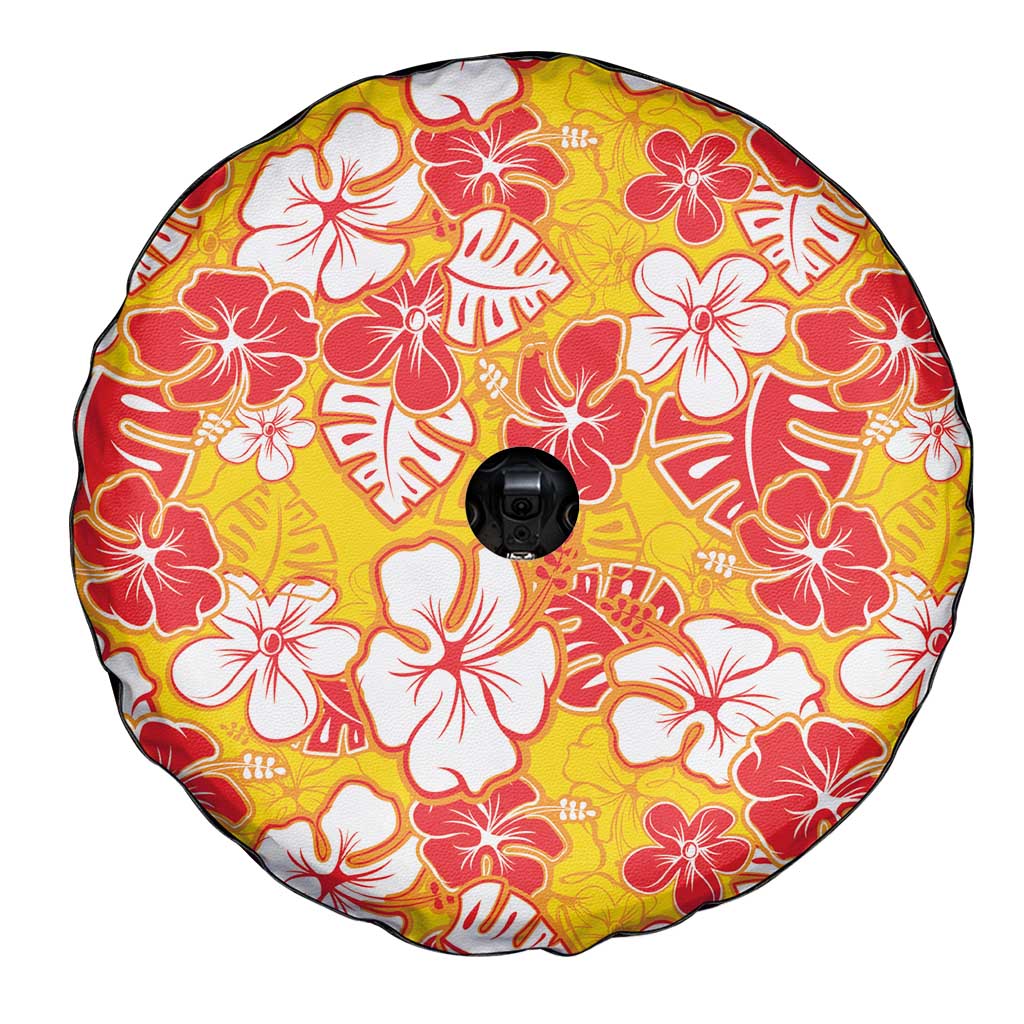 Yellow Hawaii Hibiscus Spare Tire Cover Tropical Flowers Seamless Pattern - Polynesian Pride