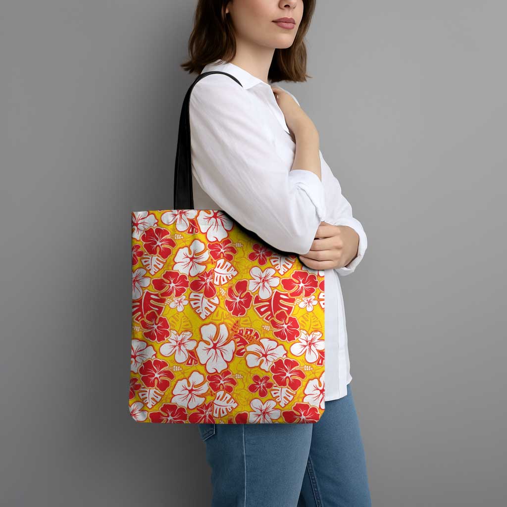 Yellow Hawaii Hibiscus Tote Bag Tropical Flowers Seamless Pattern - Polynesian Pride