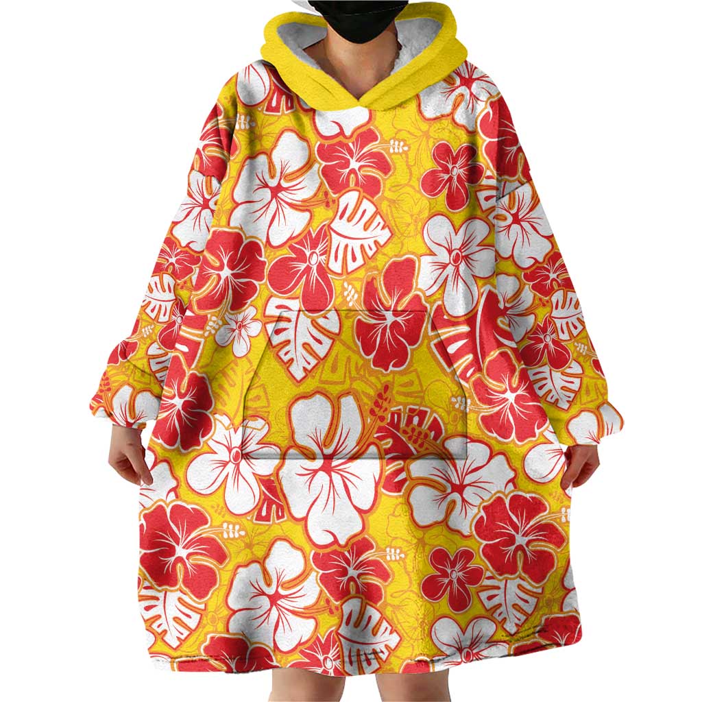 Yellow Hawaii Hibiscus Wearable Blanket Hoodie Tropical Flowers Seamless Pattern - Polynesian Pride