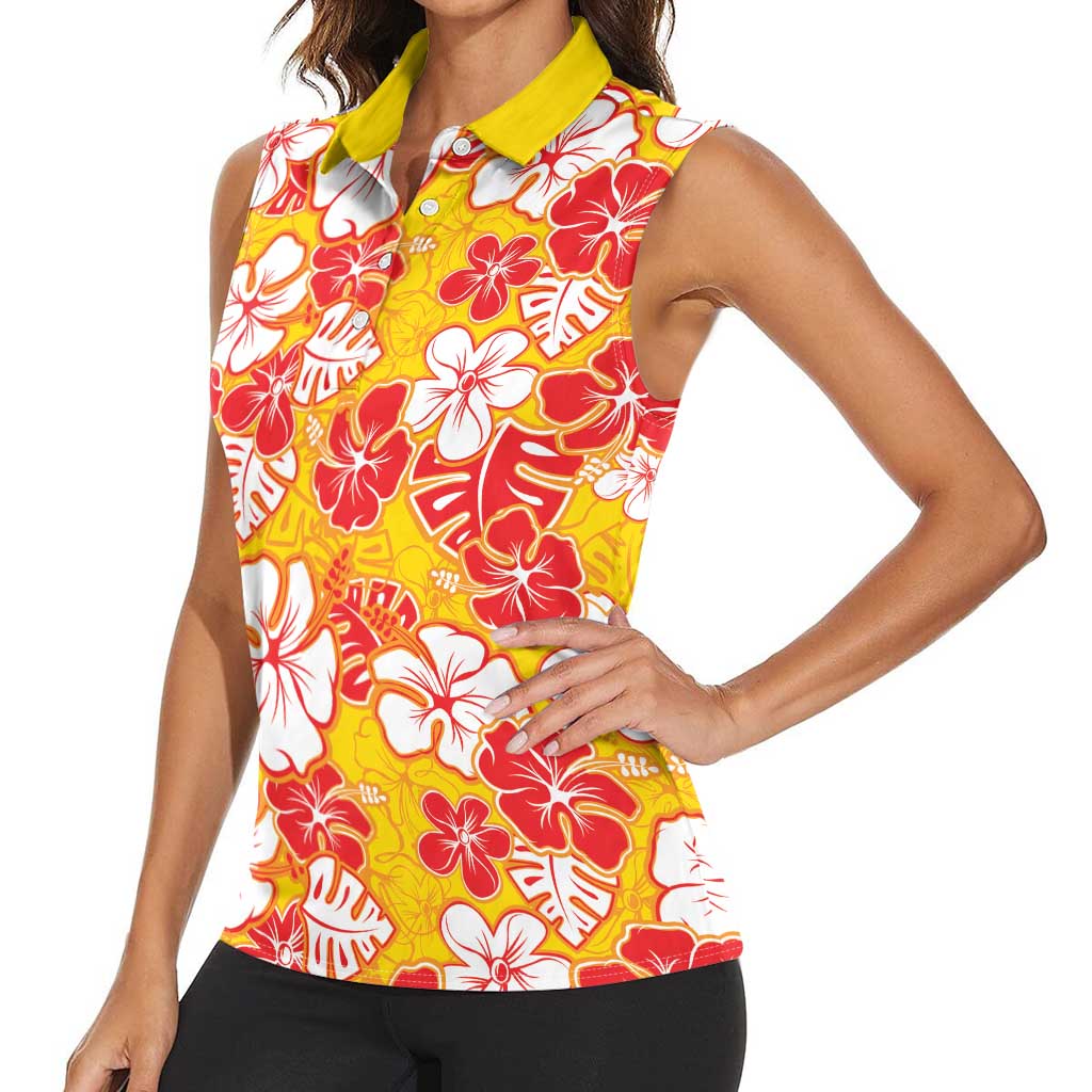 Yellow Hawaii Hibiscus Women Sleeveless Polo Shirt Tropical Flowers Seamless Pattern - Polynesian Pride