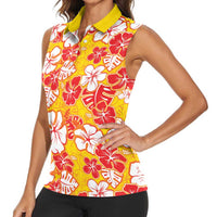 Yellow Hawaii Hibiscus Women Sleeveless Polo Shirt Tropical Flowers Seamless Pattern - Polynesian Pride