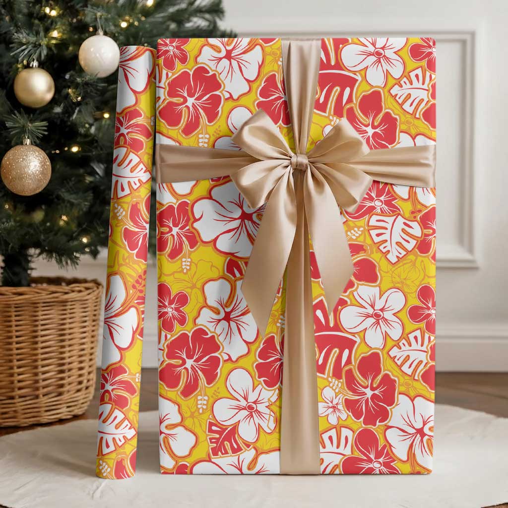 Yellow Hawaii Hibiscus Wrapping Paper Tropical Flowers Seamless Pattern - Polynesian Pride
