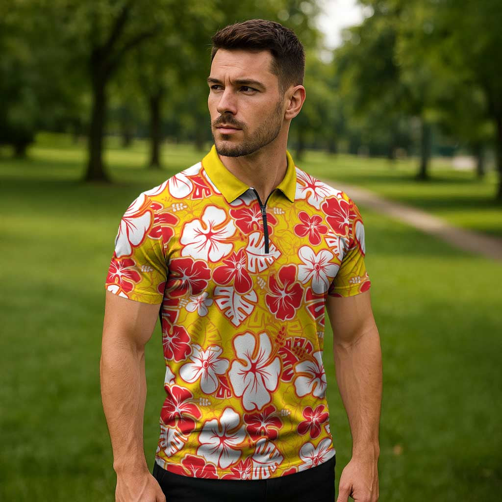 Yellow Hawaii Hibiscus Zipper Polo Shirt Tropical Flowers Seamless Pattern - Polynesian Pride