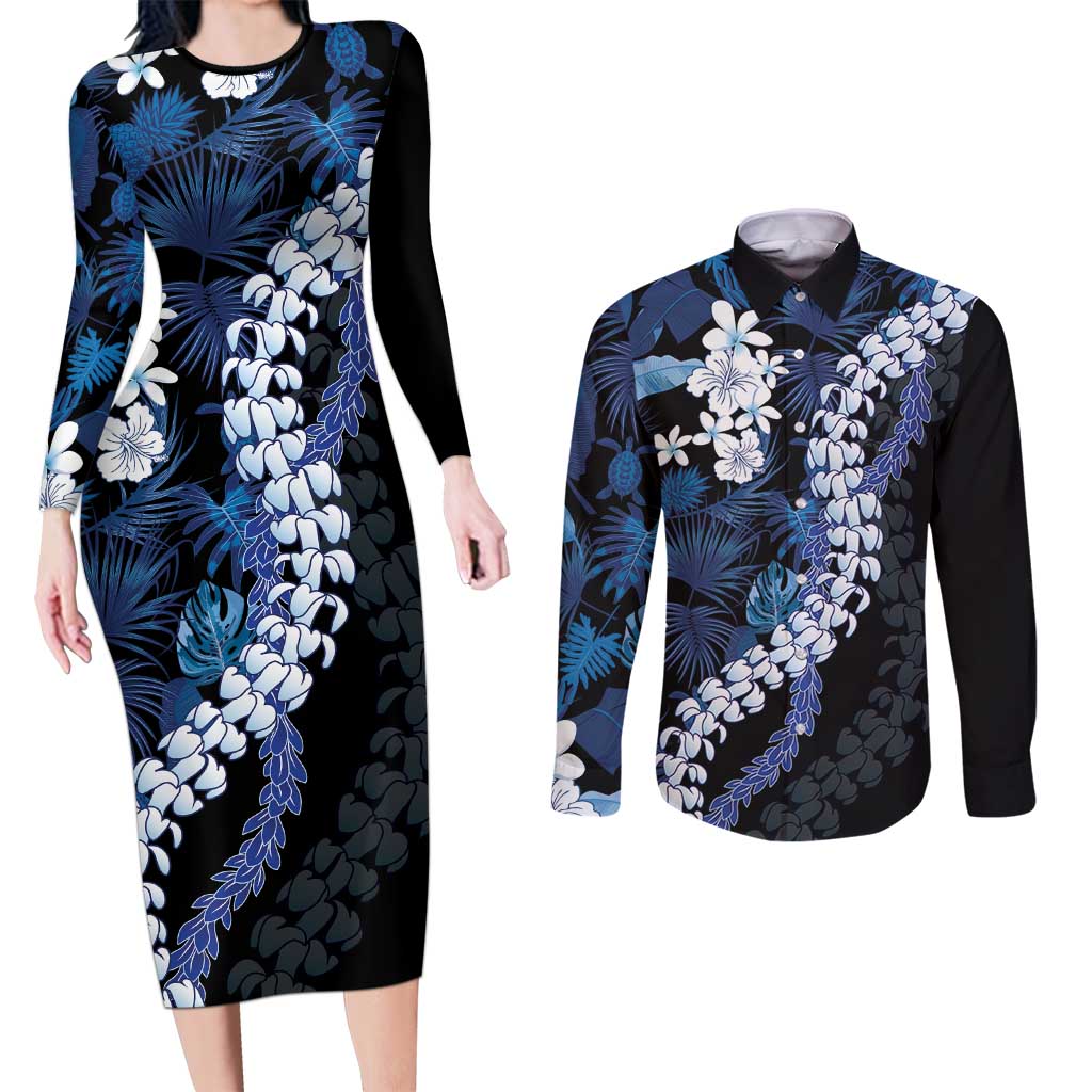 Polu Aloha Hawaii Lei Couples Matching Long Sleeve Bodycon Dress and Long Sleeve Button Shirt Tropical Flowers Elegant Vibe - Polynesian Pride