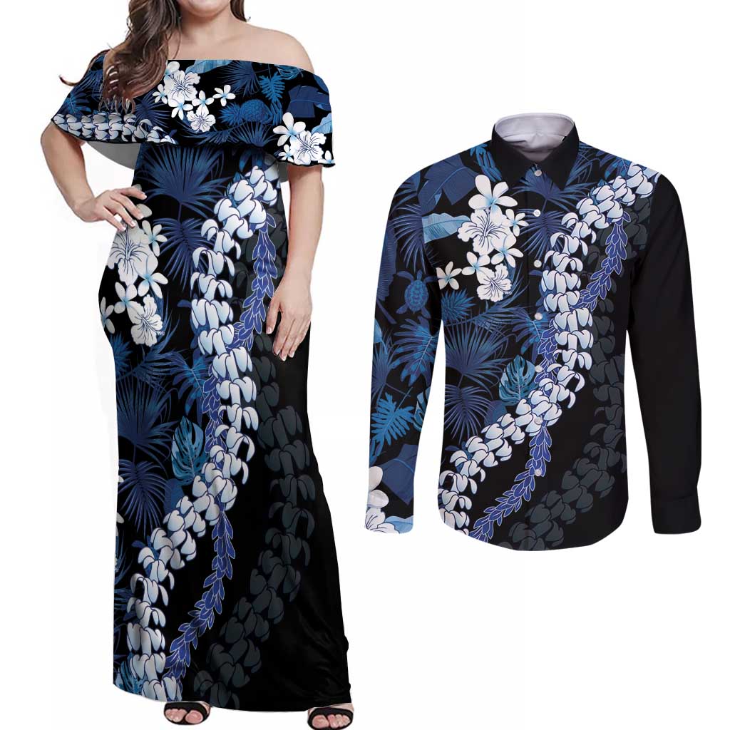 Polu Aloha Hawaii Lei Couples Matching Off Shoulder Maxi Dress and Long Sleeve Button Shirt Tropical Flowers Elegant Vibe - Polynesian Pride