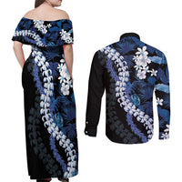 Polu Aloha Hawaii Lei Couples Matching Off Shoulder Maxi Dress and Long Sleeve Button Shirt Tropical Flowers Elegant Vibe - Polynesian Pride