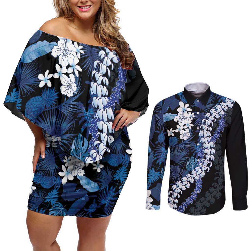 Polu Aloha Hawaii Lei Couples Matching Off Shoulder Short Dress and Long Sleeve Button Shirt Tropical Flowers Elegant Vibe - Polynesian Pride